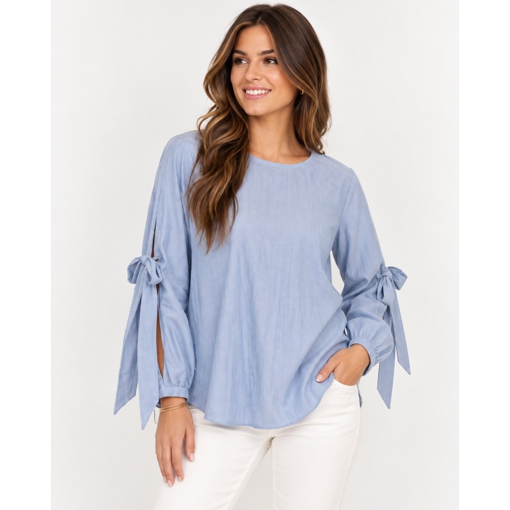 Pleione Blouse Womens Small Blue Stripe Tie Sleeve Button Back Cotton NWT